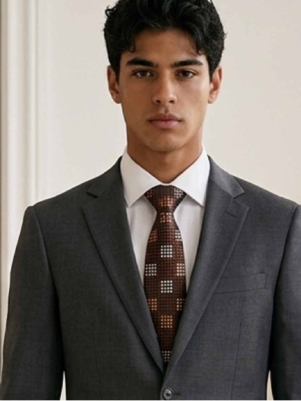 Men’s Silk Coordinated Tie Set - Brown with Gold Silver Bronze Squares